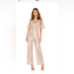 NBD x Naven Camilla Jumpsuit in Peach Blush Sequin Lace V-neck. Size 6